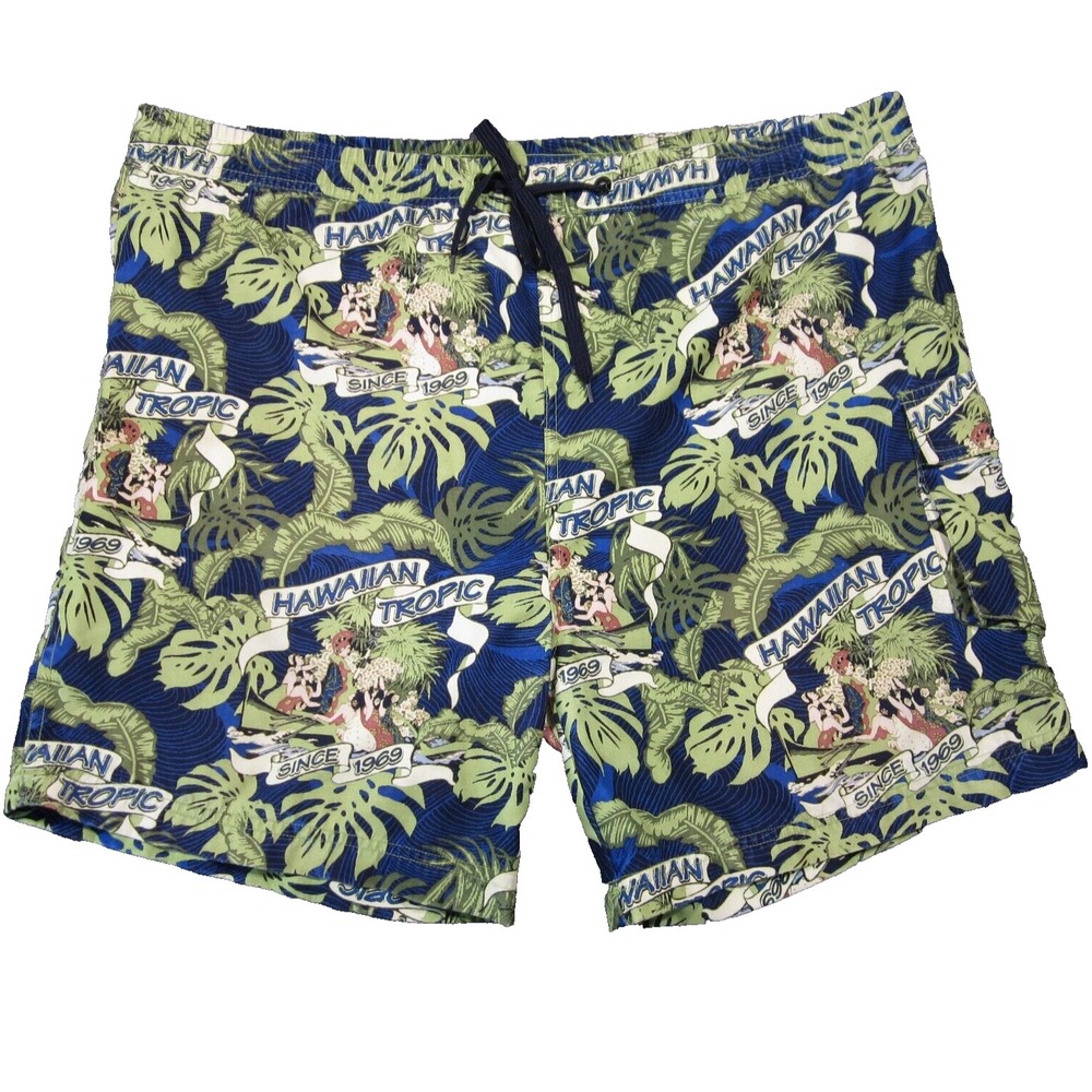 Hawaiian Tropic Swim Shorts Mens L‎ Blue Green Lined Trunks Tropical Hula Island